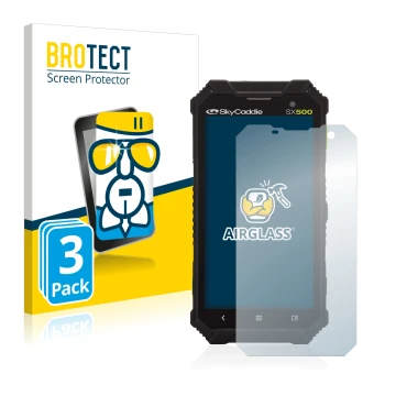 Front side of a product packaging with the brand logo BROTECT. Next to it is the device SkyCaddie SX500 shown with the corresp