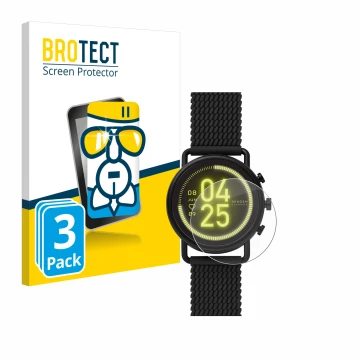 Front side of a product packaging with the brand logo BROTECT. Next to it is the device Skagen Smartwatch Falster 3 shown with