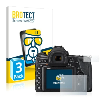 Front side of a product packaging with the brand logo BROTECT. Next to it is the device Nikon D780 shown with the correspondin