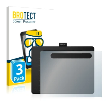 Front side of a product packaging with the brand logo BROTECT. Next to it is the device Wacom Intuos M shown with the correspo