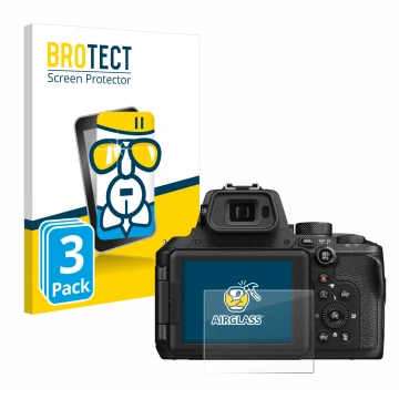 Front side of a product packaging with the brand logo BROTECT. Next to it is the device Nikon Coolpix P950 shown with the corr