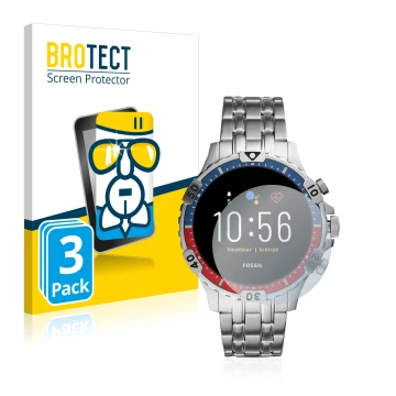 Front side of a product packaging with the brand logo BROTECT. Next to it is the device Fossil Garrett HR (5. Gen) shown with 
