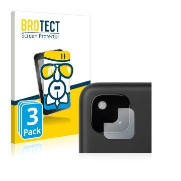 Front side of a product packaging with the brand logo BROTECT. Next to it is the device Google Pixel 4a (ONLY Camera Lens) sho