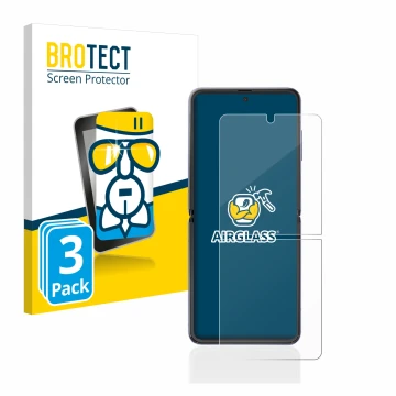 Front side of a product packaging with the brand logo BROTECT. Next to it is the device Samsung Galaxy Z Flip shown with the c