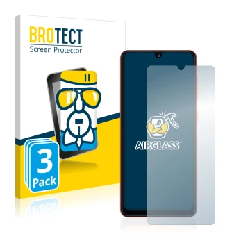 Front side of a product packaging with the brand logo BROTECT. Next to it is the device Samsung Galaxy A31 shown with the corr