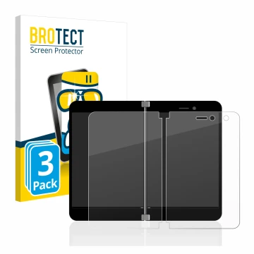 Front side of a product packaging with the brand logo BROTECT. Next to it is the device Microsoft Surface Duo shown with the c