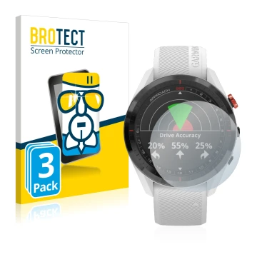 Front side of a product packaging with the brand logo BROTECT. Next to it is the device Garmin Approach S62 shown with the cor
