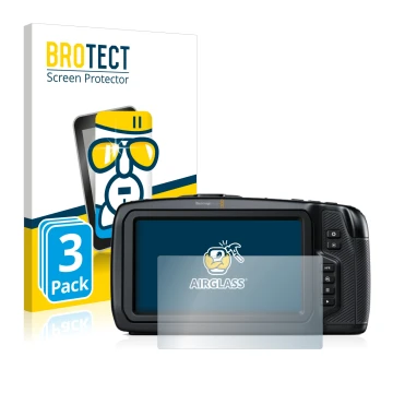 Front side of a product packaging with the brand logo BROTECT. Next to it is the device Blackmagic Pocket Cinema Camera 6K sho