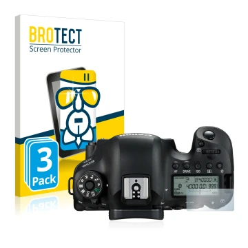 Front side of a product packaging with the brand logo BROTECT. Next to it is the device Canon EOS 6D (top plate display) shown