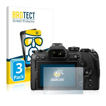 Front side of a product packaging with the brand logo BROTECT. Next to it is the device Olympus OM-D E-M1 Mark III shown with 