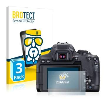 Front side of a product packaging with the brand logo BROTECT. Next to it is the device Canon EOS 850D shown with the correspo