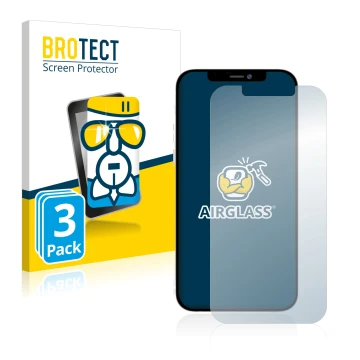 Front side of a product packaging with the brand logo BROTECT. Next to it is the device Apple iPhone 12 Pro Max shown with the