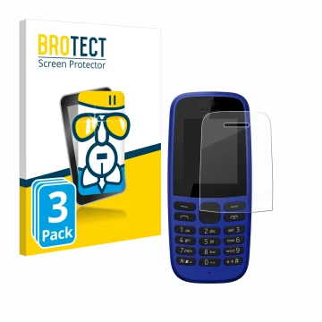 Front side of a product packaging with the brand logo BROTECT. Next to it is the device Nokia 105 DS 2019 shown with the corre