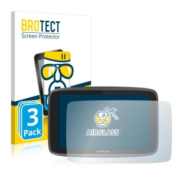 Front side of a product packaging with the brand logo BROTECT. Next to it is the device TomTom Go Professional 6250 shown with