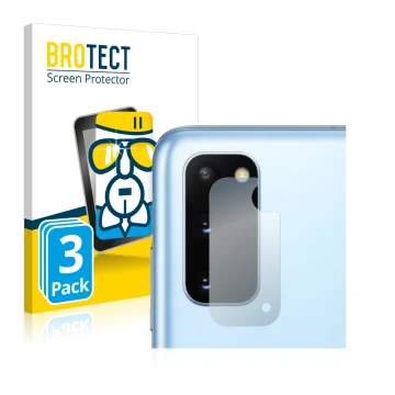 Front side of a product packaging with the brand logo BROTECT. Next to it is the device Samsung Galaxy S20 5G (ONLY Camera Len