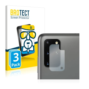 Front side of a product packaging with the brand logo BROTECT. Next to it is the device Samsung Galaxy S20 Plus 5G (ONLY Camer