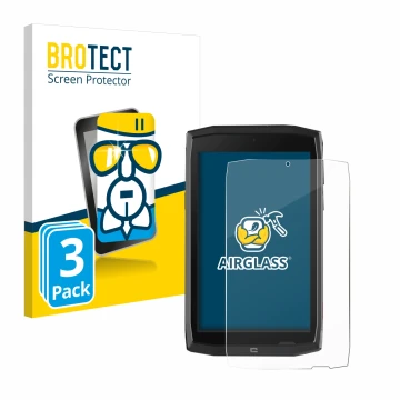 Front side of a product packaging with the brand logo BROTECT. Next to it is the device Crosscall Core T4 shown with the corre