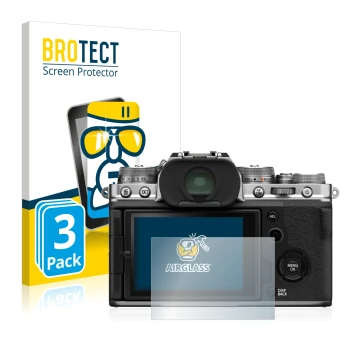 Front side of a product packaging with the brand logo BROTECT. Next to it is the device Fujifilm X-T4 shown with the correspon