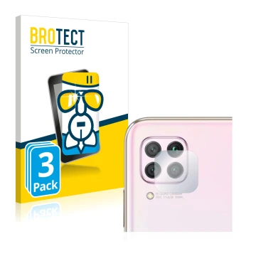Front side of a product packaging with the brand logo BROTECT. Next to it is the device Huawei P40 lite (ONLY Camera Lens) sho