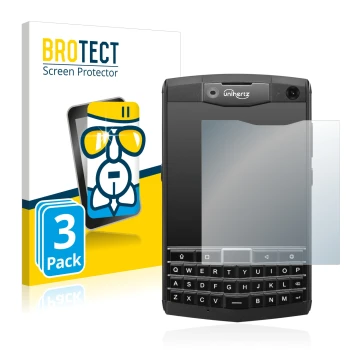 Front side of a product packaging with the brand logo BROTECT. Next to it is the device Unihertz Titan shown with the correspo