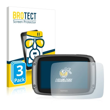 Front side of a product packaging with the brand logo BROTECT. Next to it is the device TomTom Rider 50 shown with the corresp