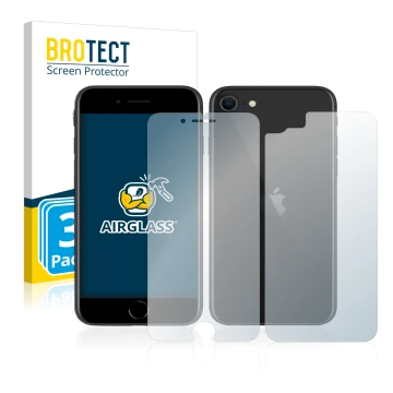 Front side of a product packaging with the brand logo BROTECT. Next to it is the device Apple iPhone SE 2 2020 (Front+Back) sh