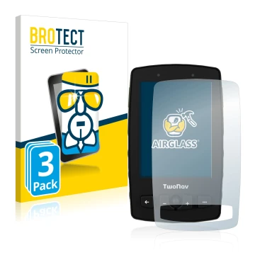 Front side of a product packaging with the brand logo BROTECT. Next to it is the device TwoNav Aventura 2 shown with the corre