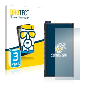 Front side of a product packaging with the brand logo BROTECT. Next to it is the device FiiO M15 shown with the corresponding 