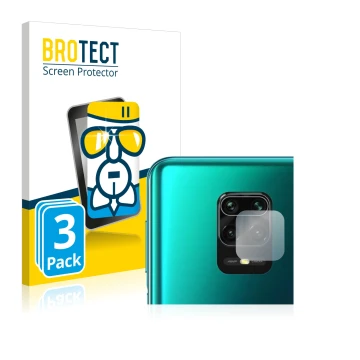 Front side of a product packaging with the brand logo BROTECT. Next to it is the device Xiaomi Redmi Note 9S (ONLY Camera Lens