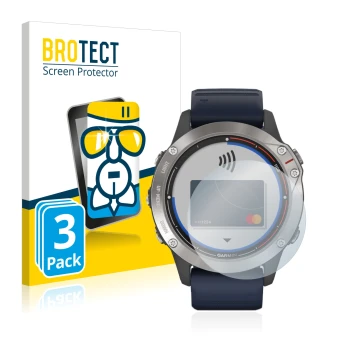 Front side of a product packaging with the brand logo BROTECT. Next to it is the device Garmin quatix 6 shown with the corresp