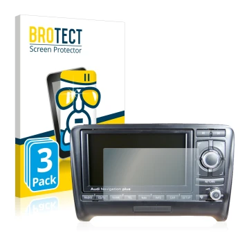 Front side of a product packaging with the brand logo BROTECT. Next to it is the device Audi A3 8P 2004-2012 RNS-E shown with 