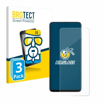 Front side of a product packaging with the brand logo BROTECT. Next to it is the device Samsung Galaxy A51 5G shown with the c