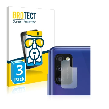 Front side of a product packaging with the brand logo BROTECT. Next to it is the device Samsung Galaxy A41 (ONLY Camera Lens) 