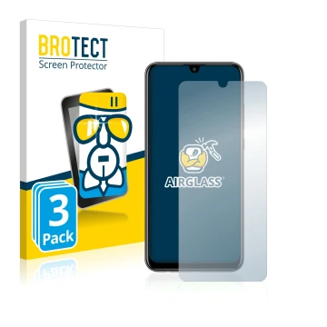 Front side of a product packaging with the brand logo BROTECT. Next to it is the device Huawei P smart 2020 shown with the cor