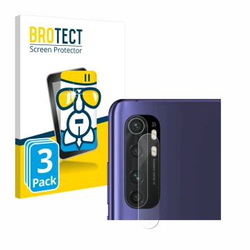 Front side of a product packaging with the brand logo BROTECT. Next to it is the device Xiaomi Mi Note 10 Lite (ONLY Camera Le