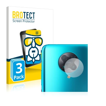 Front side of a product packaging with the brand logo BROTECT. Next to it is the device Xiaomi Poco F2 Pro (ONLY Camera Lens) 