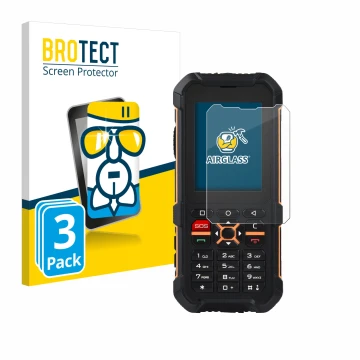 Front side of a product packaging with the brand logo BROTECT. Next to it is the device RugGear RG170 shown with the correspon