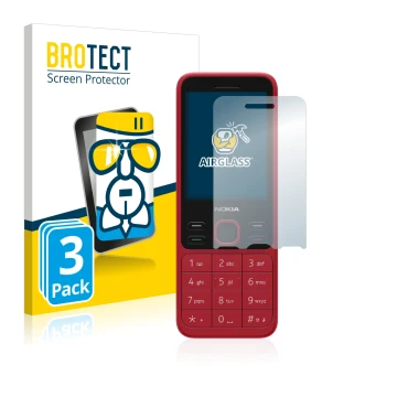 Front side of a product packaging with the brand logo BROTECT. Next to it is the device Nokia 150 2020 shown with the correspo