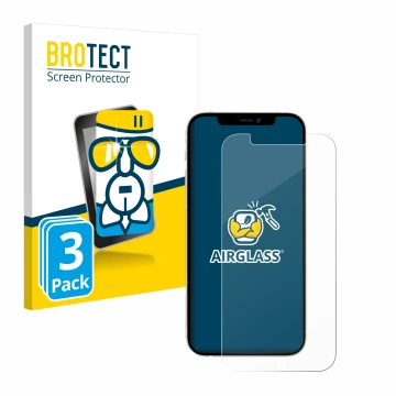 Front side of a product packaging with the brand logo BROTECT. Next to it is the device Apple iPhone 12 shown with the corresp