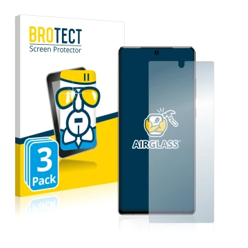 Front side of a product packaging with the brand logo BROTECT. Next to it is the device Samsung Galaxy Note 20 shown with the 