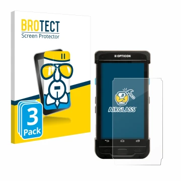 Front side of a product packaging with the brand logo BROTECT. Next to it is the device Opticon H-31 shown with the correspond
