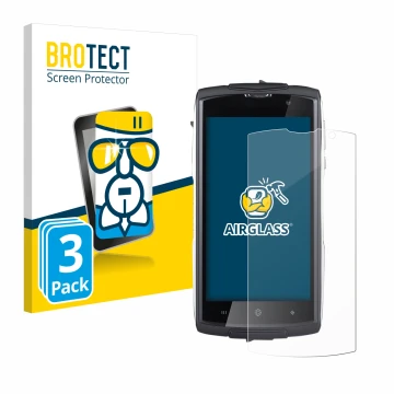 Front side of a product packaging with the brand logo BROTECT. Next to it is the device GoClever Quantum 500 Steel shown with 