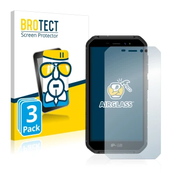 Front side of a product packaging with the brand logo BROTECT. Next to it is the device Ulefone Armor X7 Pro shown with the co