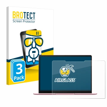 Front side of a product packaging with the brand logo BROTECT. Next to it is the device Huawei MateBook 13 2020 shown with the