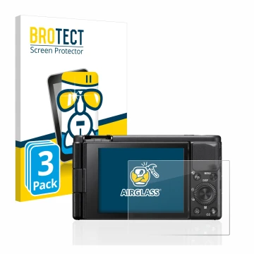 Front side of a product packaging with the brand logo BROTECT. Next to it is the device Sony ZV-1 shown with the corresponding