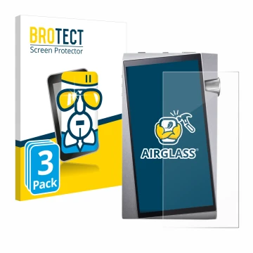 Front side of a product packaging with the brand logo BROTECT. Next to it is the device Astell&Kern A&norma SR25 shown with th