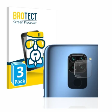 Front side of a product packaging with the brand logo BROTECT. Next to it is the device Xiaomi Redmi Note 9 (ONLY Camera Lens)