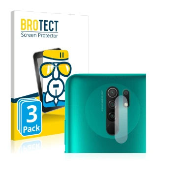 Front side of a product packaging with the brand logo BROTECT. Next to it is the device Xiaomi Redmi 9 (ONLY Camera Lens) show