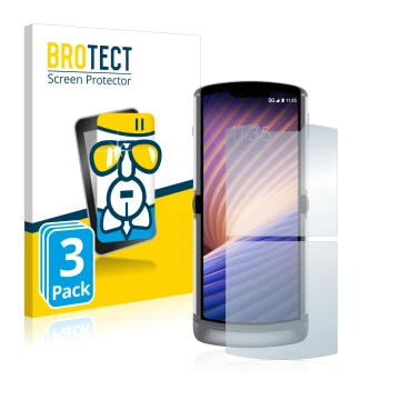 Front side of a product packaging with the brand logo BROTECT. Next to it is the device Motorola Razr 5G 2020 shown with the c