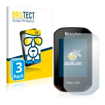 Front side of a product packaging with the brand logo BROTECT. Next to it is the device Bryton Rider 320 shown with the corres